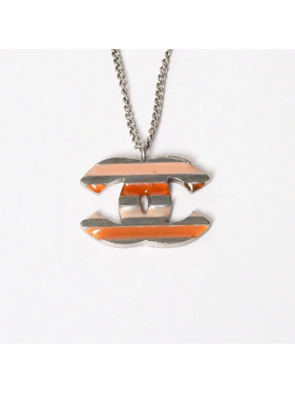 Chanel Necklace CC Logo Border Orange Pink Silver 05